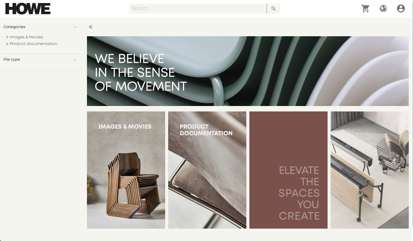 HOWE Assetbank med et bredt bannerbillede over felterne Images & movies og Product documentation samt produktfotos af møbler.