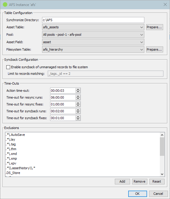Einrichtung einer AFS-Instanz mit Synchronisierungsordner, Asset-Tabelle, Pool, Timeouts und einer Liste von Dateimustern, die ausgelassen werden.