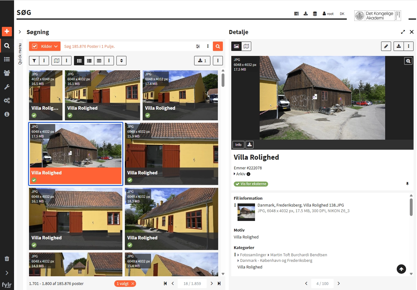 Søgning og detaljevisning side om side i Fylr. Til venstre et gitter af fotografier af Villa Rolighed med filformat, pixelmål og filstørrelse på hvert billede og ét markeret; til højre det valgte billede med felterne filinformation, motiv og kategorier samt markeringen Vis for eksterne.